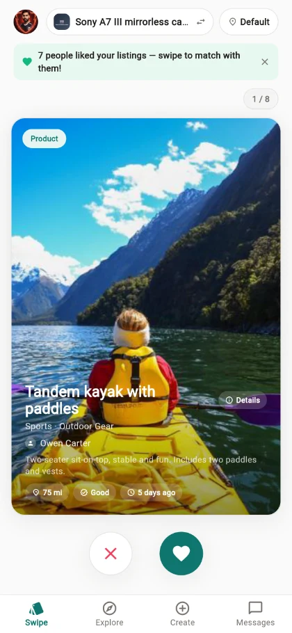 The SwipeTrades swipe deck showing a nearby listing
