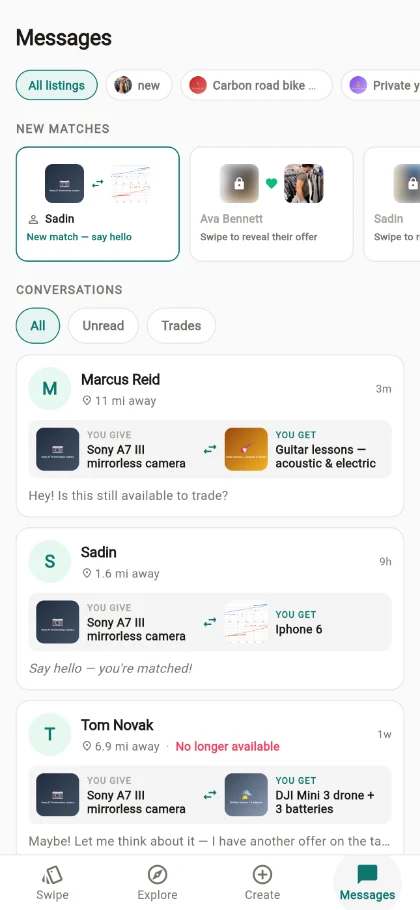 Messages screen showing detailed trade cards